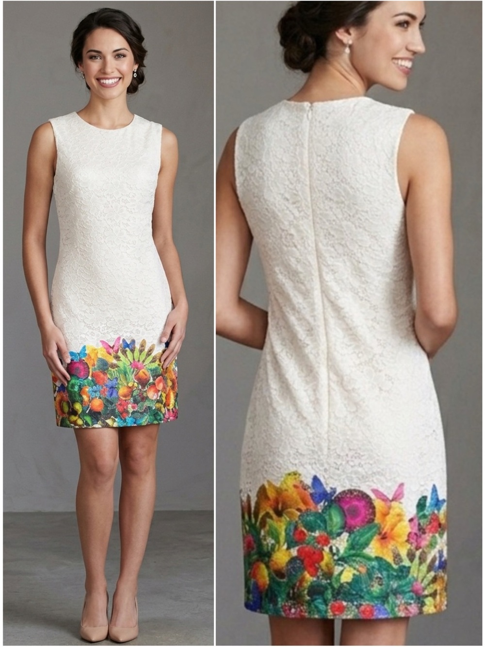 Desigual Ivory Romantic Lace Sleeveless Vibrant Botanical  Sheath Dress Size 6